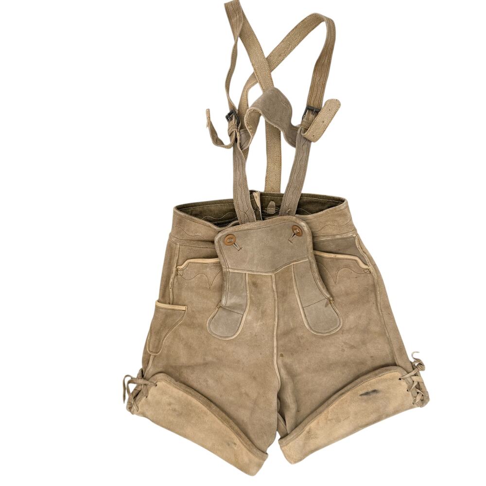 Vintage Suede Leather Lederhosen Shorts Suspenders Bavarian Sz 26" Waist